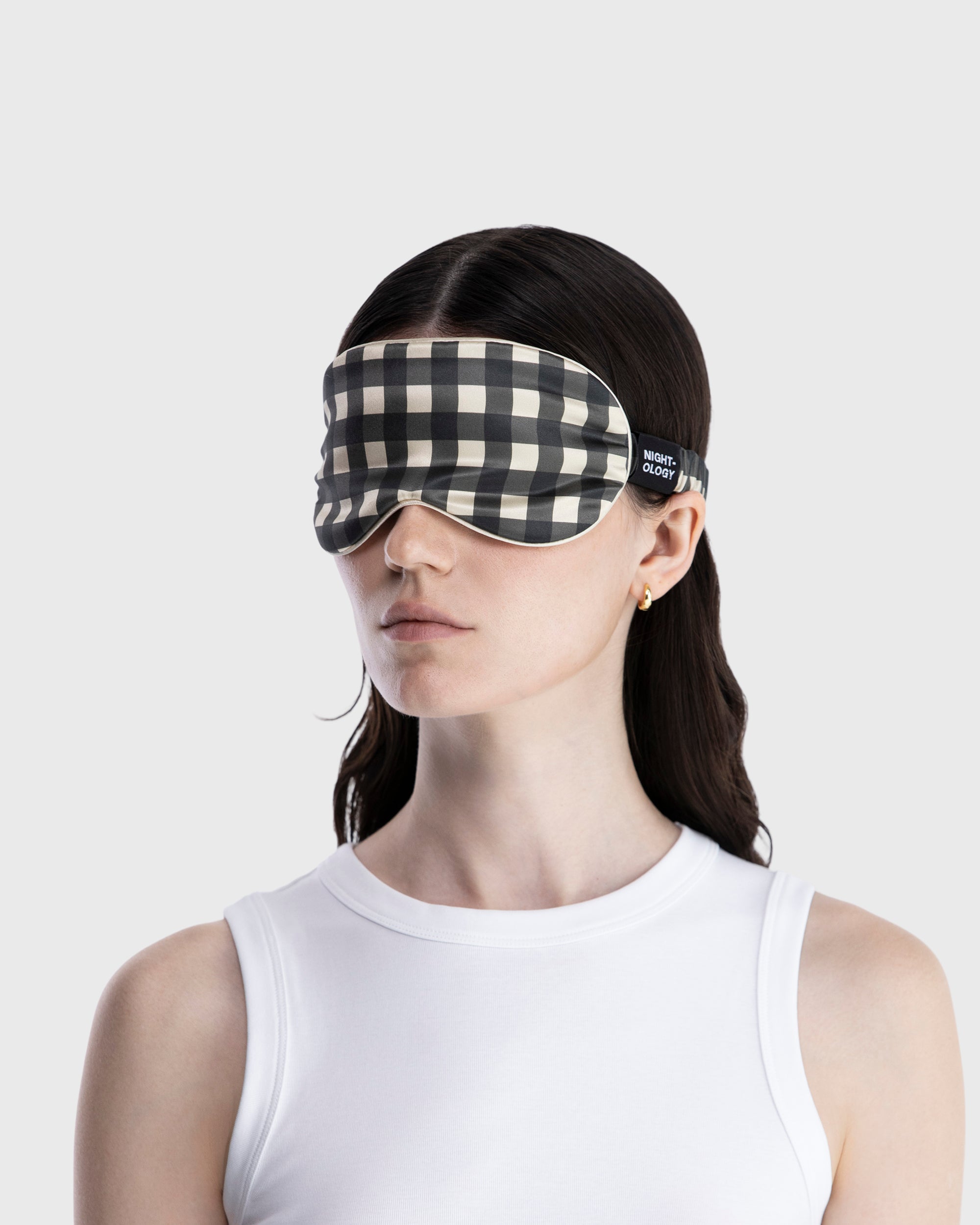 Beige Gingham Pure Silk Sleep Mask