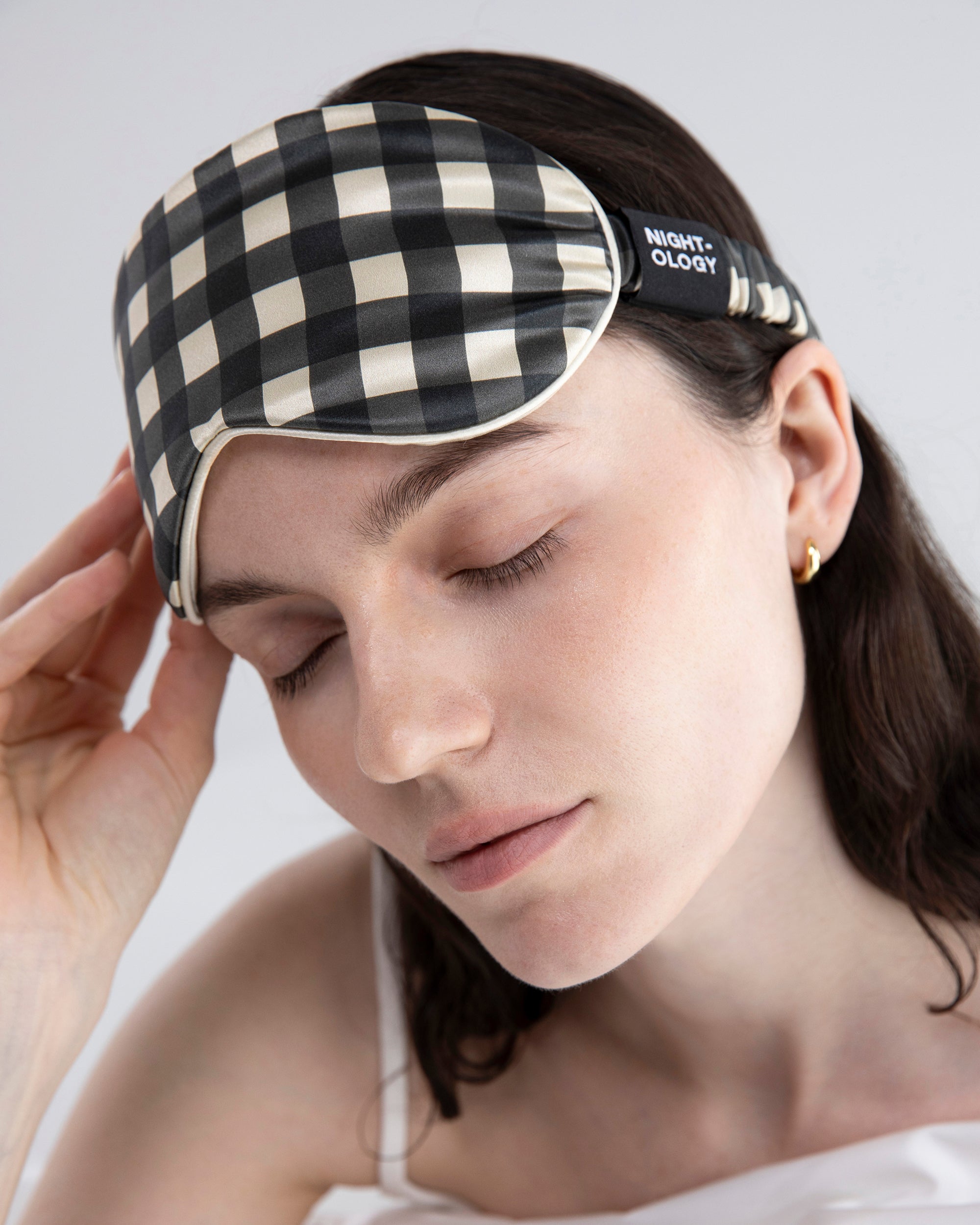 Beige Gingham Pure Silk Sleep Mask
